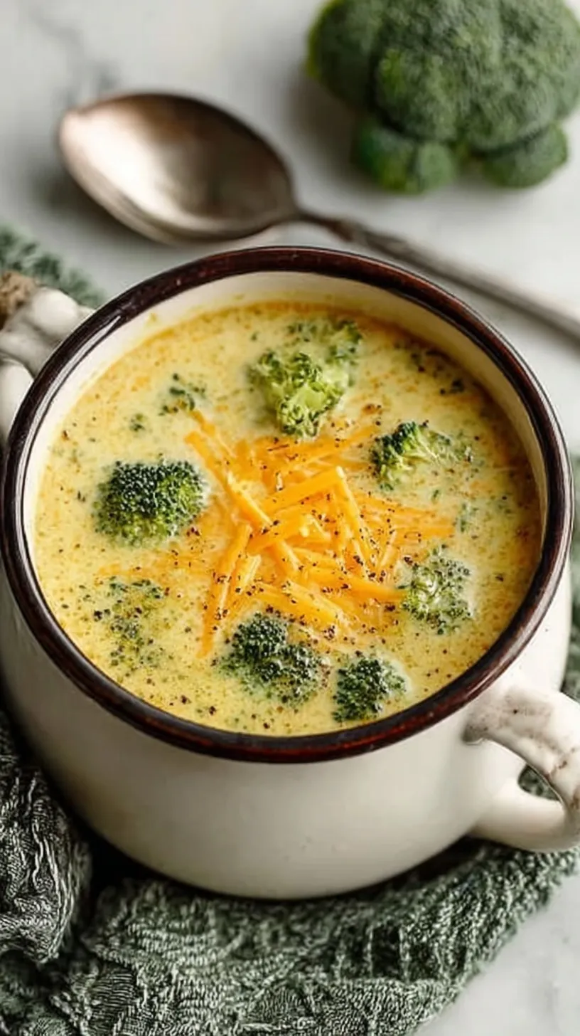 A steaming bowl of creamy broccoli cheddar soup topped with shredded cheese and black pepper