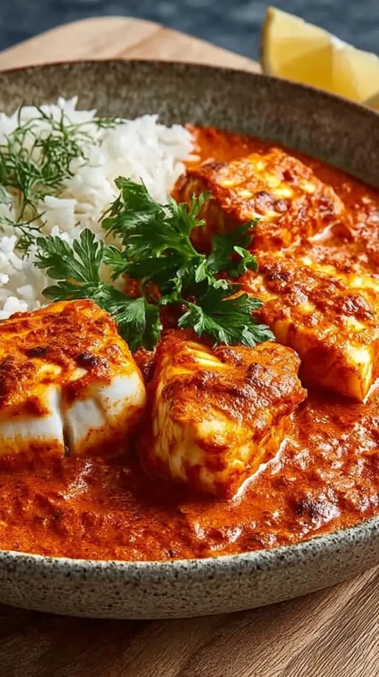 A bowl of creamy Fish Tikka Masala garnished with fresh cilantro and served in a warm tomato sauce.