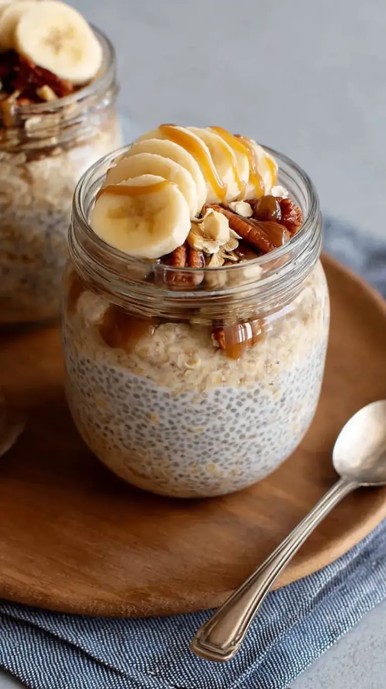 A glass jar filled with creamy brown sugar overnight oats topped with a sprinkle of cinnamon.