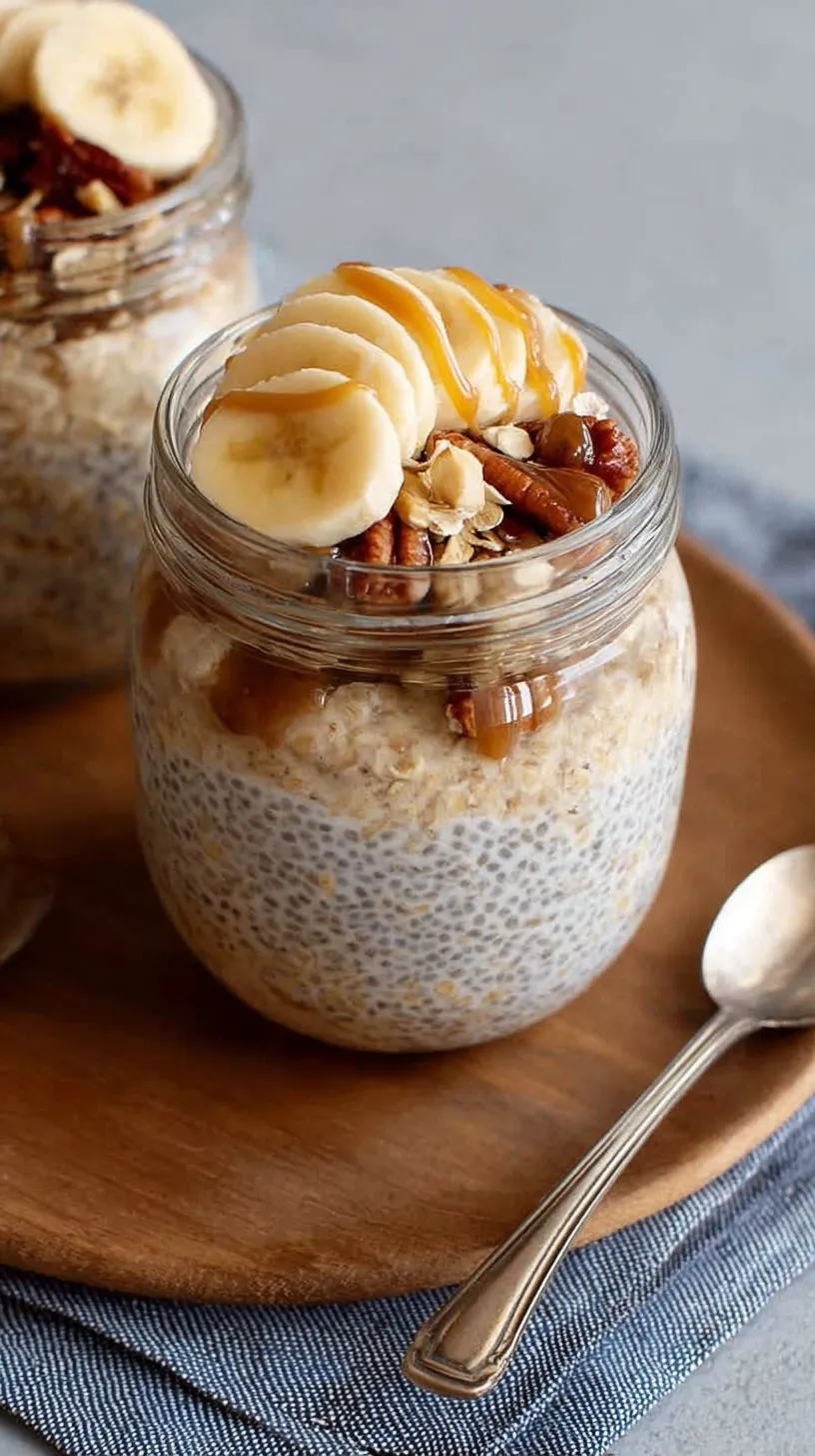 A glass jar filled with creamy brown sugar overnight oats topped with a sprinkle of cinnamon.