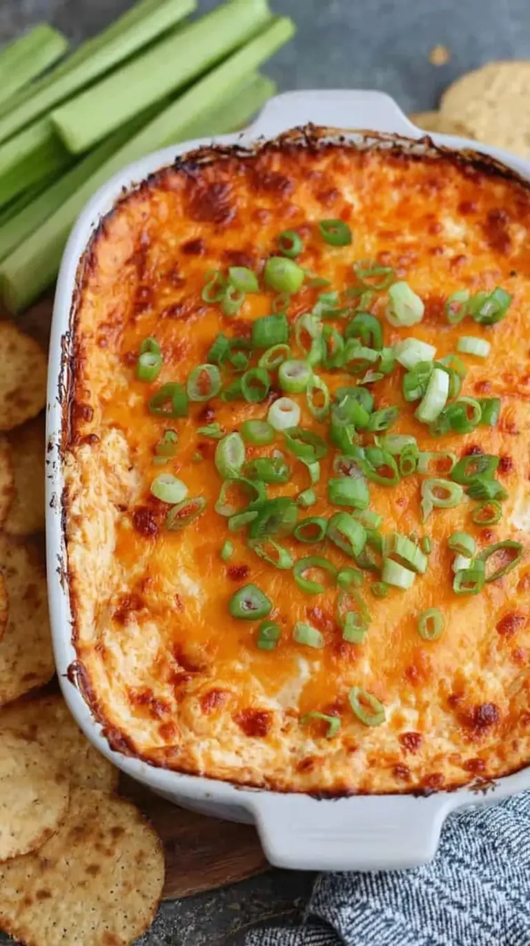 A bubbling dish of buffalo chicken dip topped with melted cheese and fresh green onions.