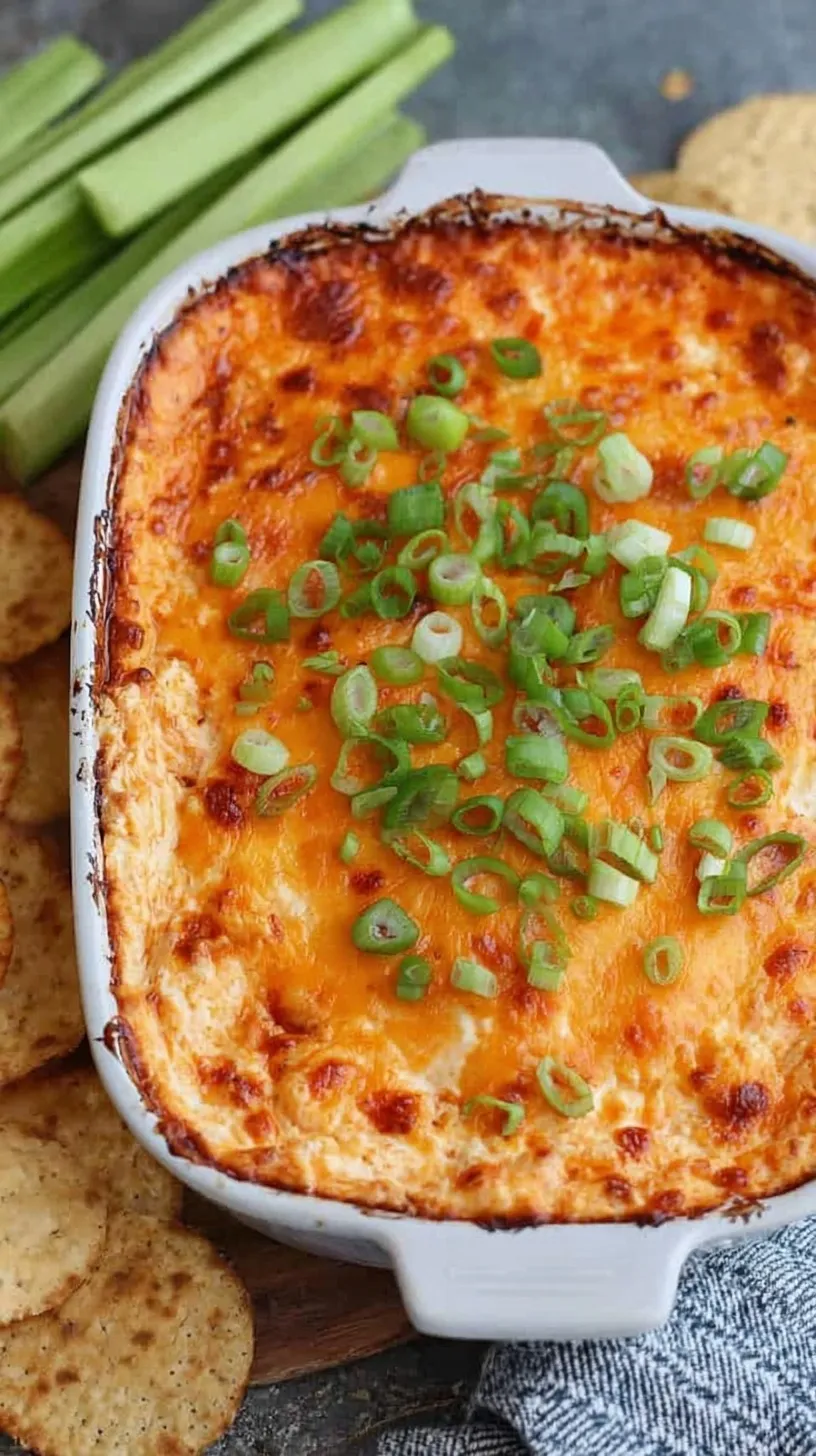 A bubbling dish of buffalo chicken dip topped with melted cheese and fresh green onions.