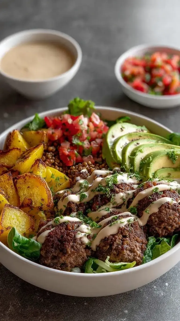 A colorful high protein burger bowl with seasoned beef, avocado, and creamy sauce