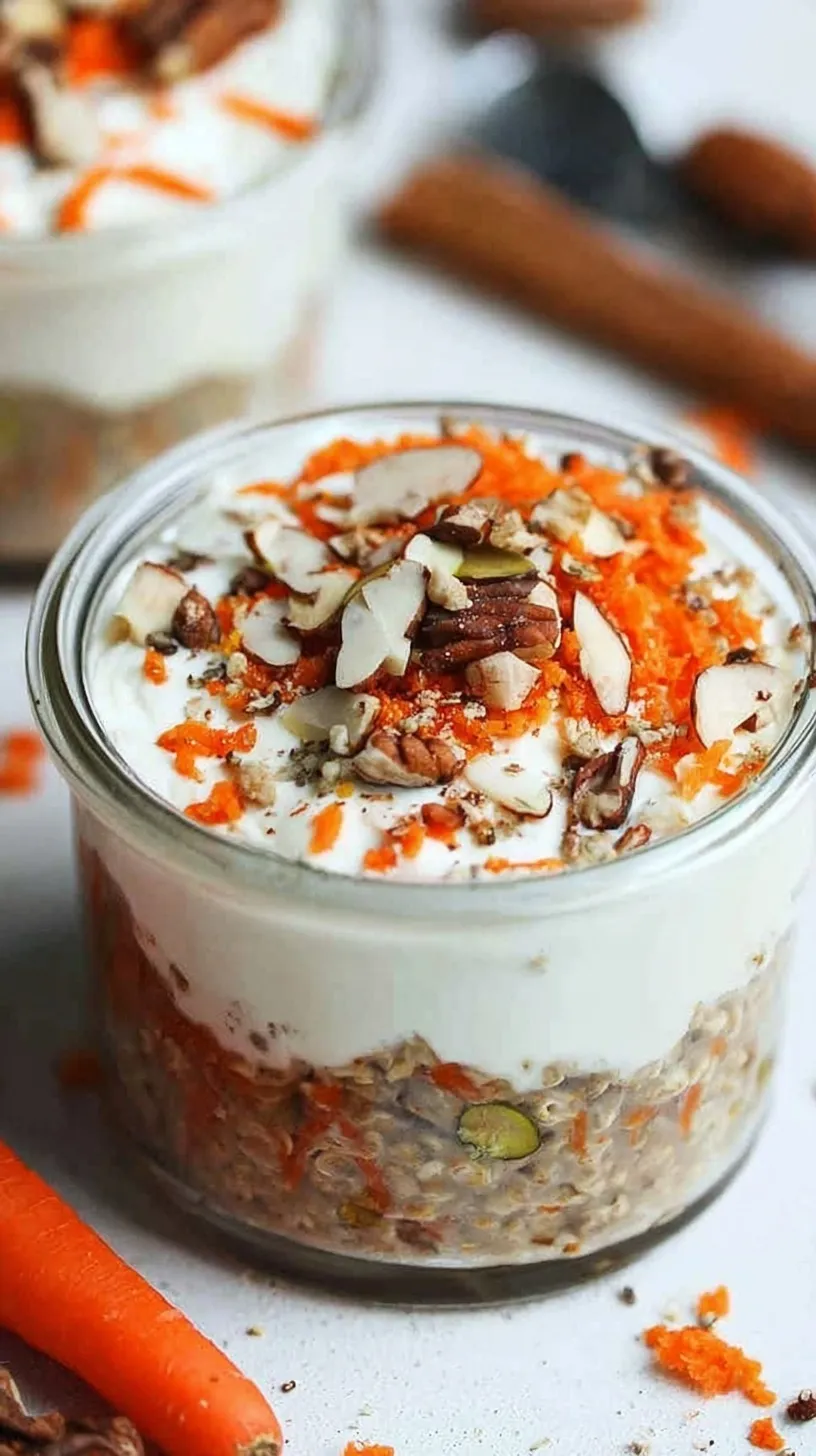 A glass jar filled with creamy carrot cake overnight oats topped with walnuts and raisins