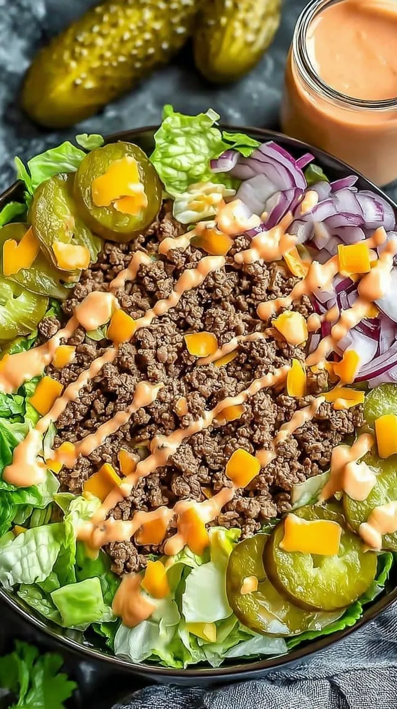 A fresh cheeseburger bowl with ground beef, lettuce, cheese, and creamy sauce.