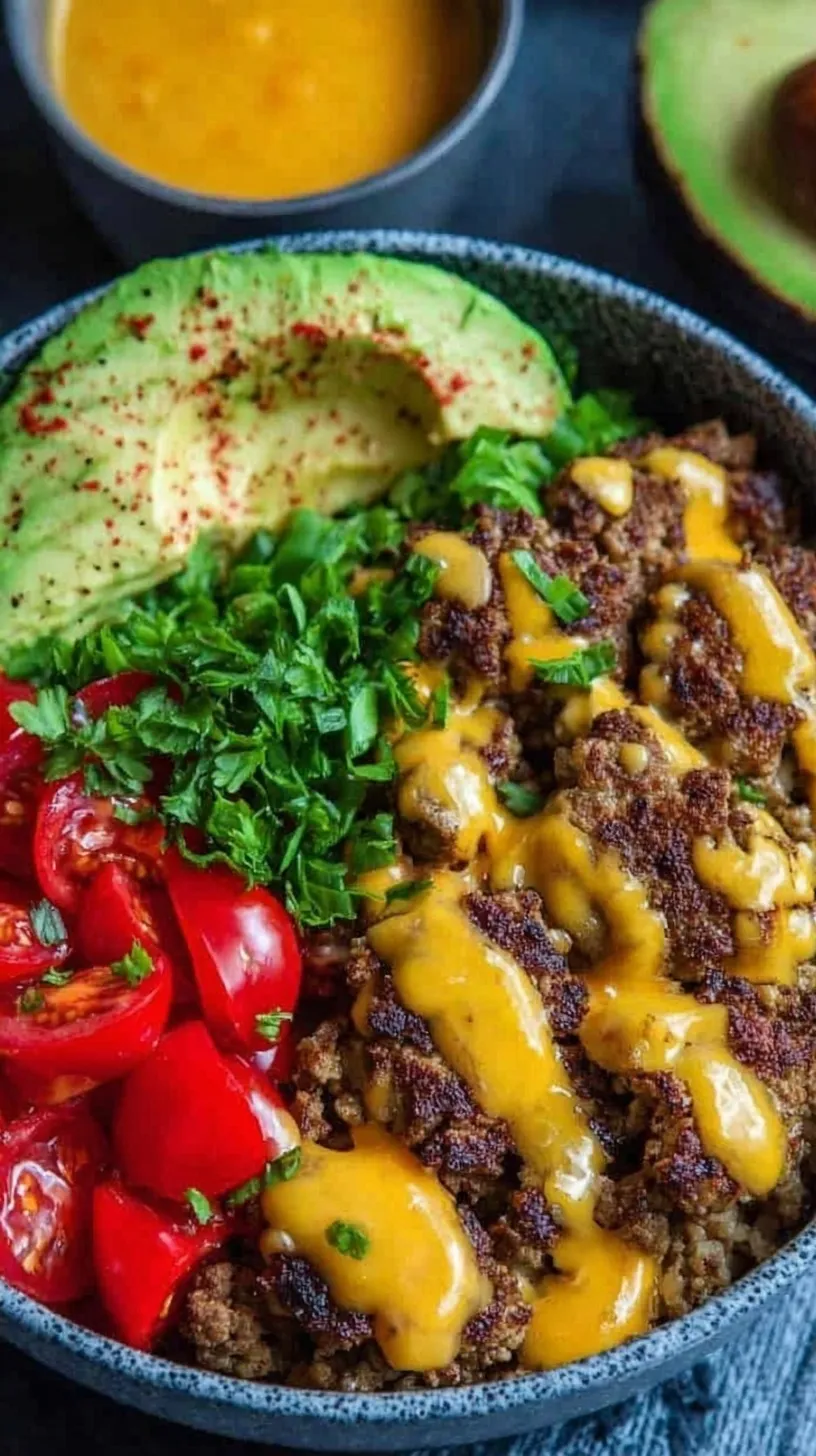 Fresh cheeseburger bowls with seasoned ground beef, tomatoes, and pickles