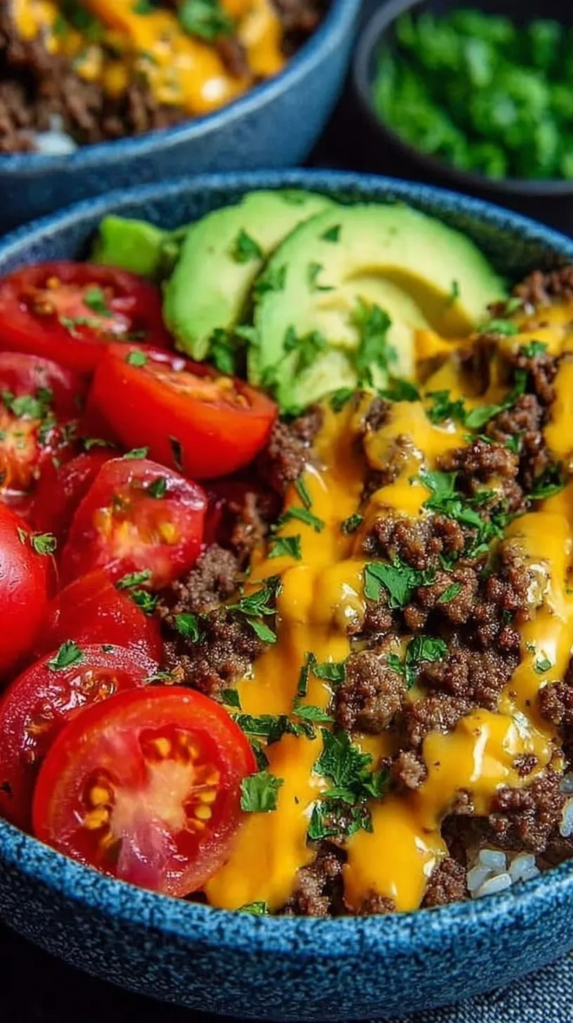 A fresh cheeseburger bowl with lean ground beef, cherry tomatoes, pickles, and a creamy yellow sauce on a bed of romaine lettuce.