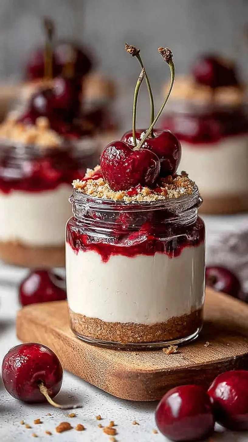 Four glass jars filled with layers of graham cracker crust, creamy white protein cheesecake filling, and bright red cherry topping.