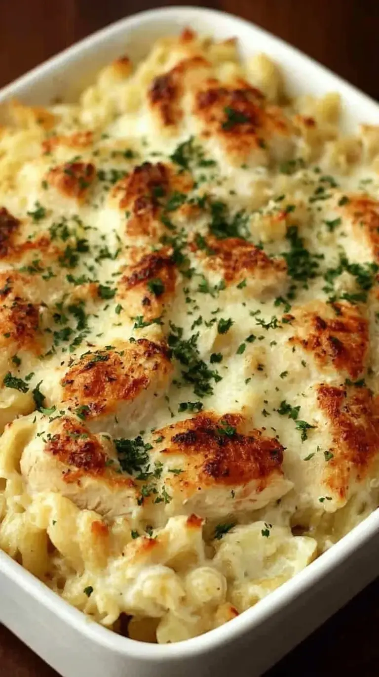 A golden, cheesy High Protein Chicken Alfredo pasta bake in a white ceramic dish with fresh spinach and chicken.