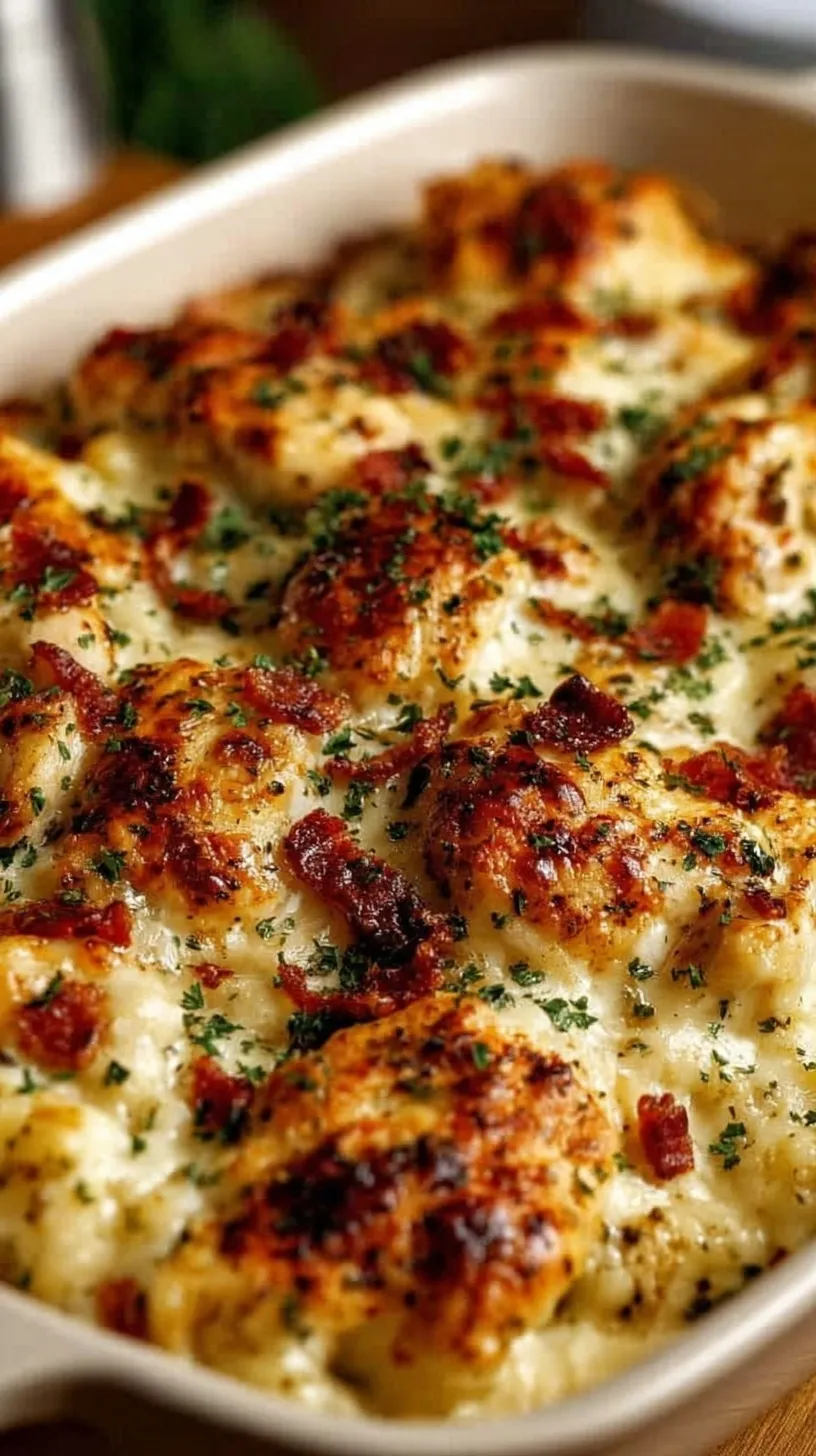 A bubbling ceramic dish of chicken and broccoli bake topped with melted cheddar cheese and smoked paprika.