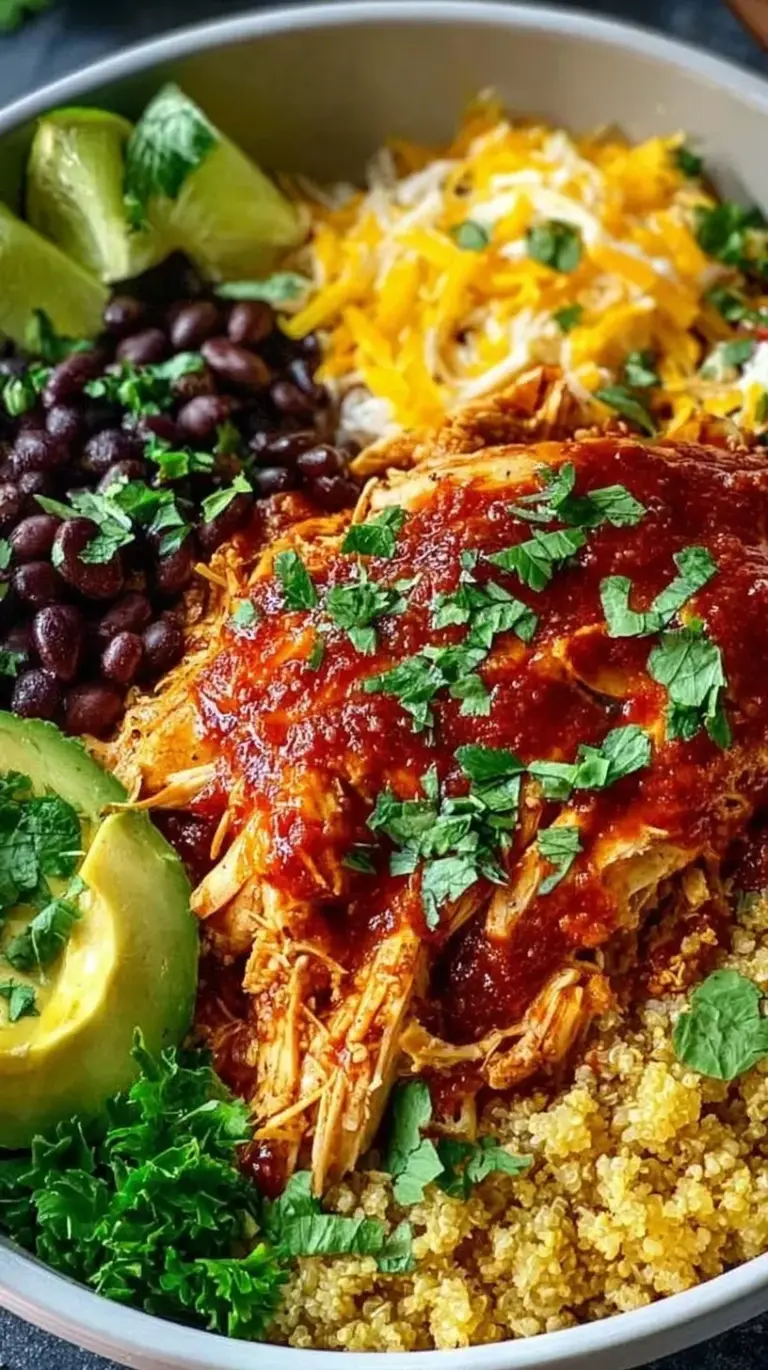 A vibrant meal prep bowl with shredded chicken, black beans, corn, and quinoa topped with melted cheese and fresh cilantro.