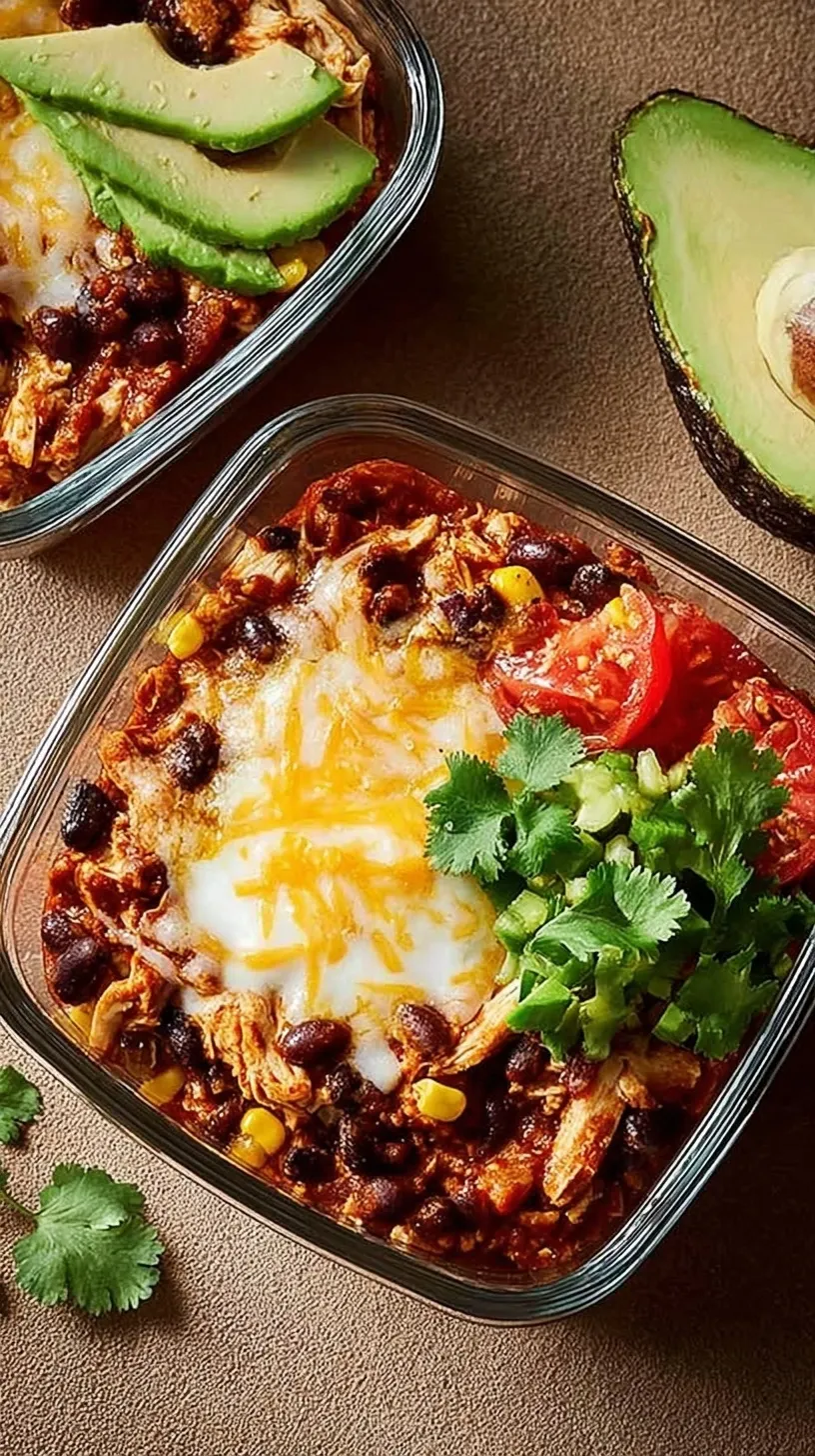 A meal prep bowl filled with quinoa, shredded chicken in red sauce, scrambled egg whites, avocado slices, and fresh cilantro.
