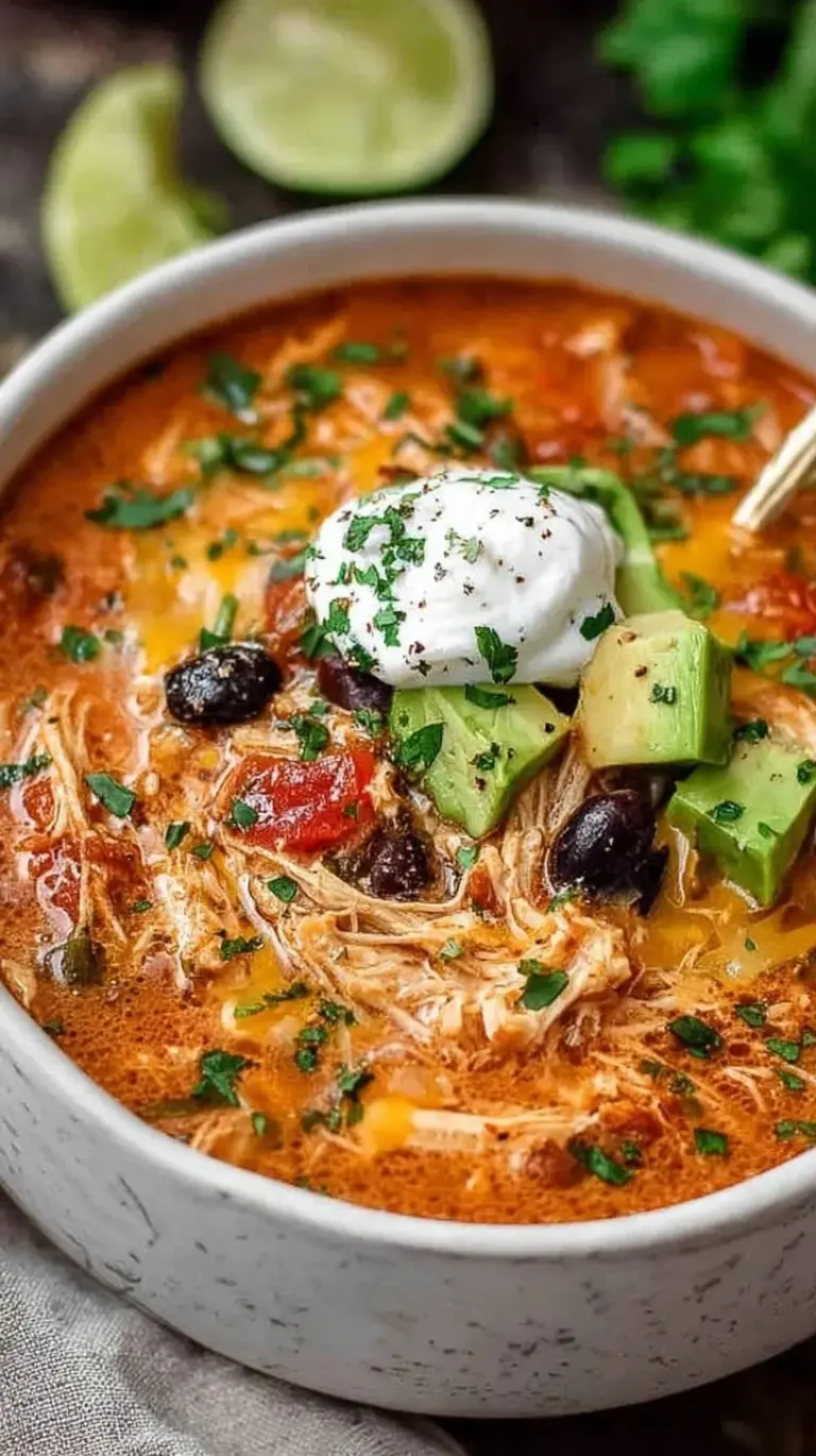 A bowl of creamy chicken enchilada soup topped with fresh cilantro and avocado