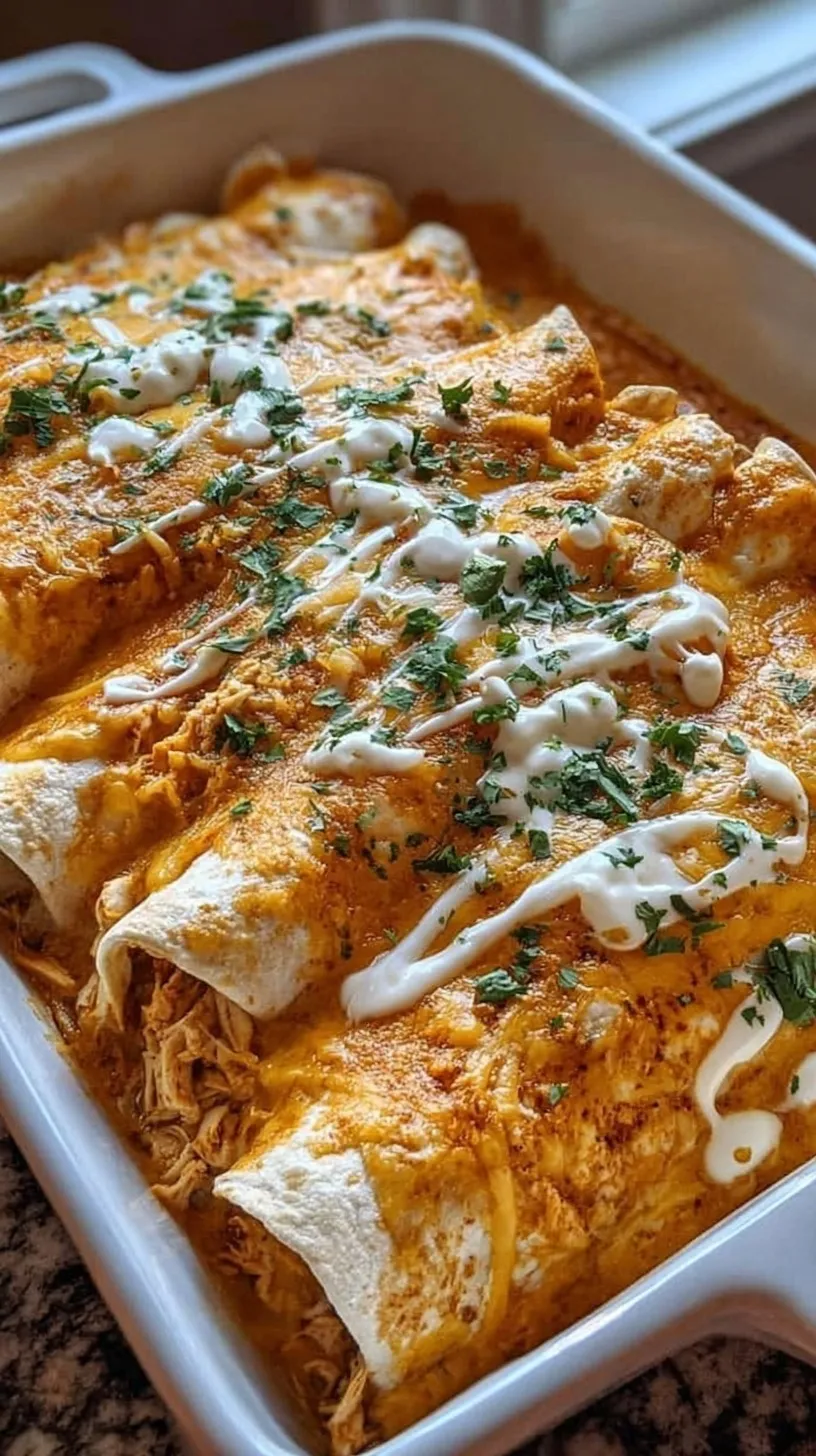 Baking dish filled with creamy white sauce chicken enchiladas topped with melted cheese and fresh cilantro.