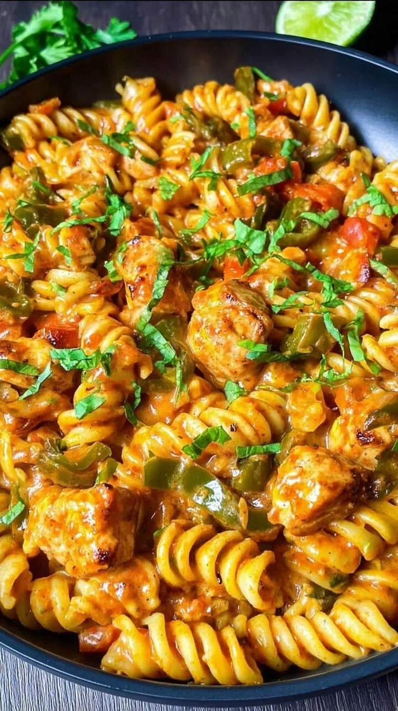 A bowl of creamy fajita pasta with chicken, peppers, and onions topped with cilantro