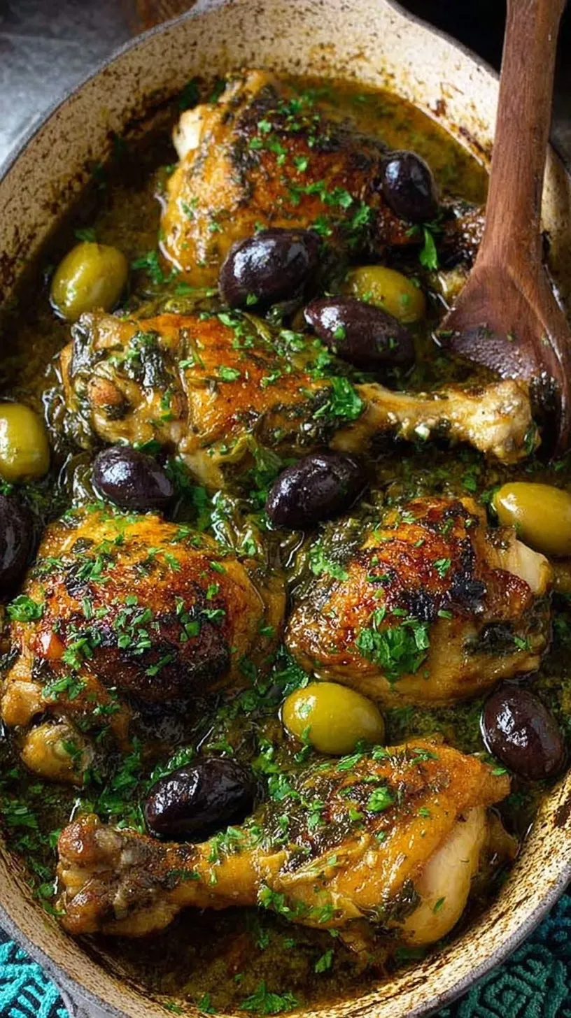 A white baking dish filled with roasted chicken pieces, green olives, and prunes, garnished with fresh parsley.