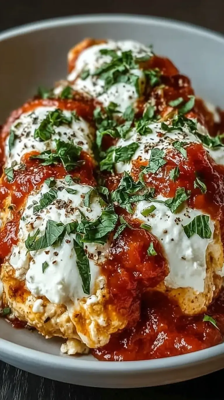 A warm bowl of creamy cottage cheese topped with chicken, red marinara sauce, and melted mozzarella cheese.
