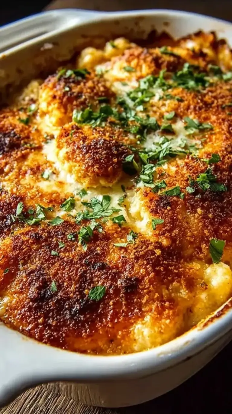 A golden brown chicken parmesan casserole topped with melted mozzarella and fresh basil