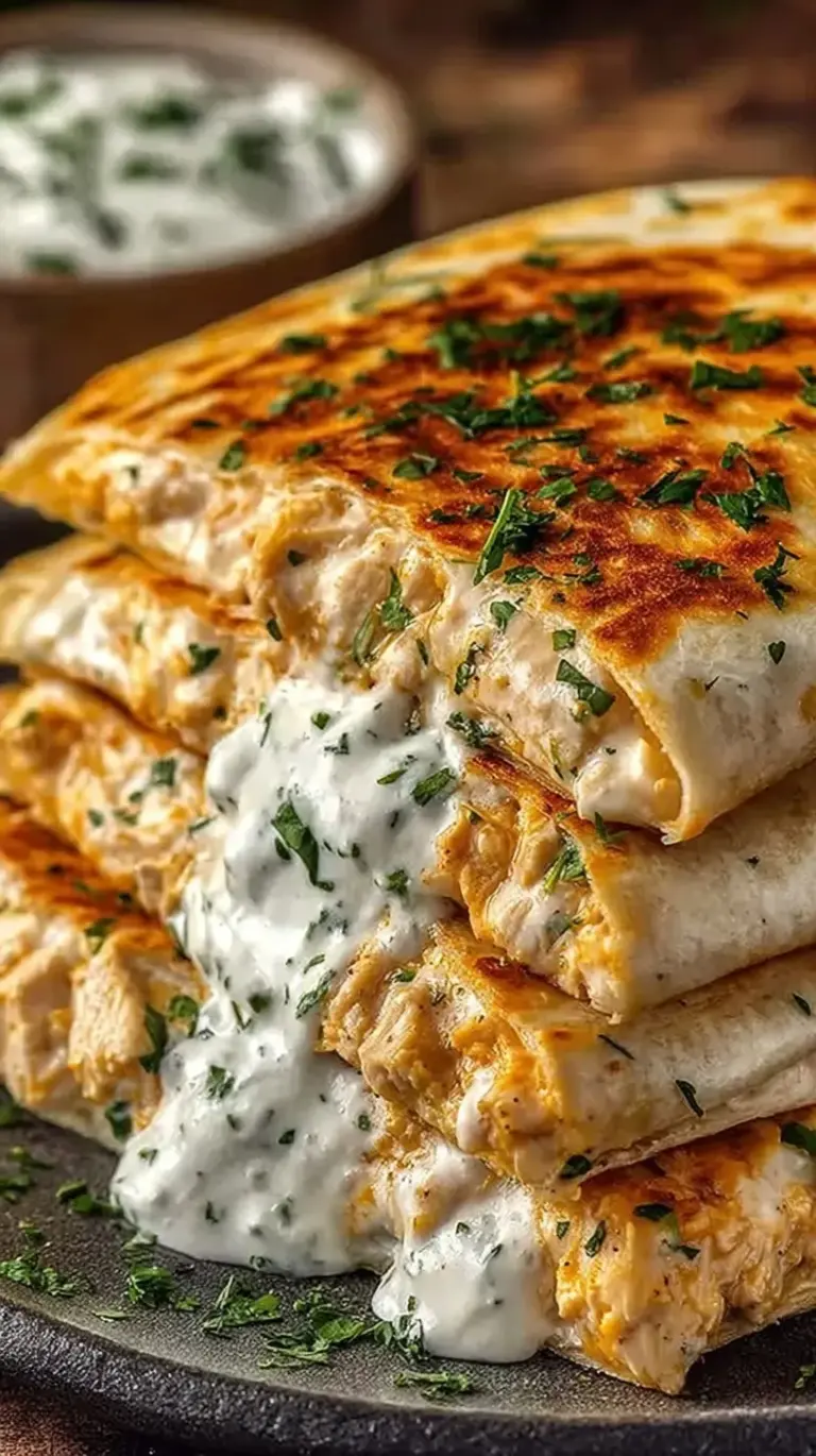 A golden brown high protein chicken ranch quesadilla sliced into wedges on a clean white plate