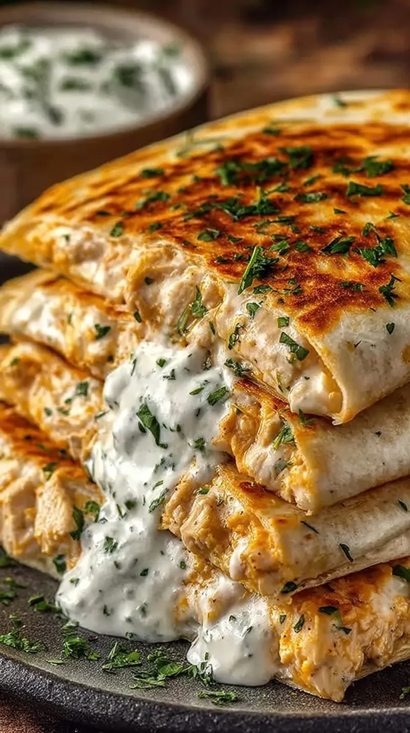 A golden brown high protein chicken ranch quesadilla sliced into wedges on a clean white plate