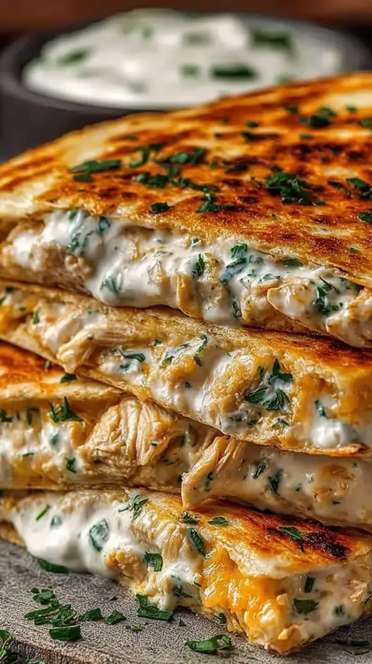 A golden brown high-protein chicken ranch quesadilla sliced into triangles on a clean white plate with green onions.