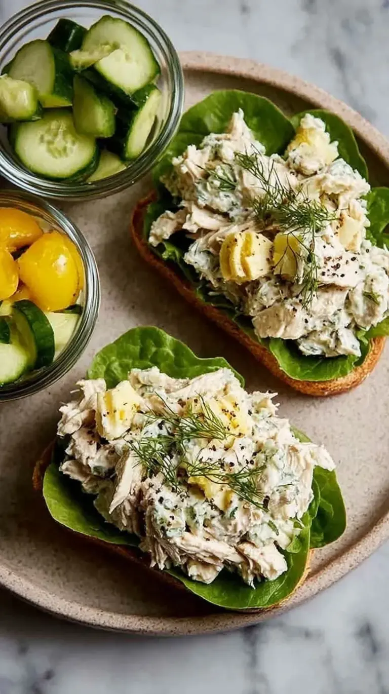 Four glass meal prep containers filled with creamy high protein chicken salad and fresh dill.