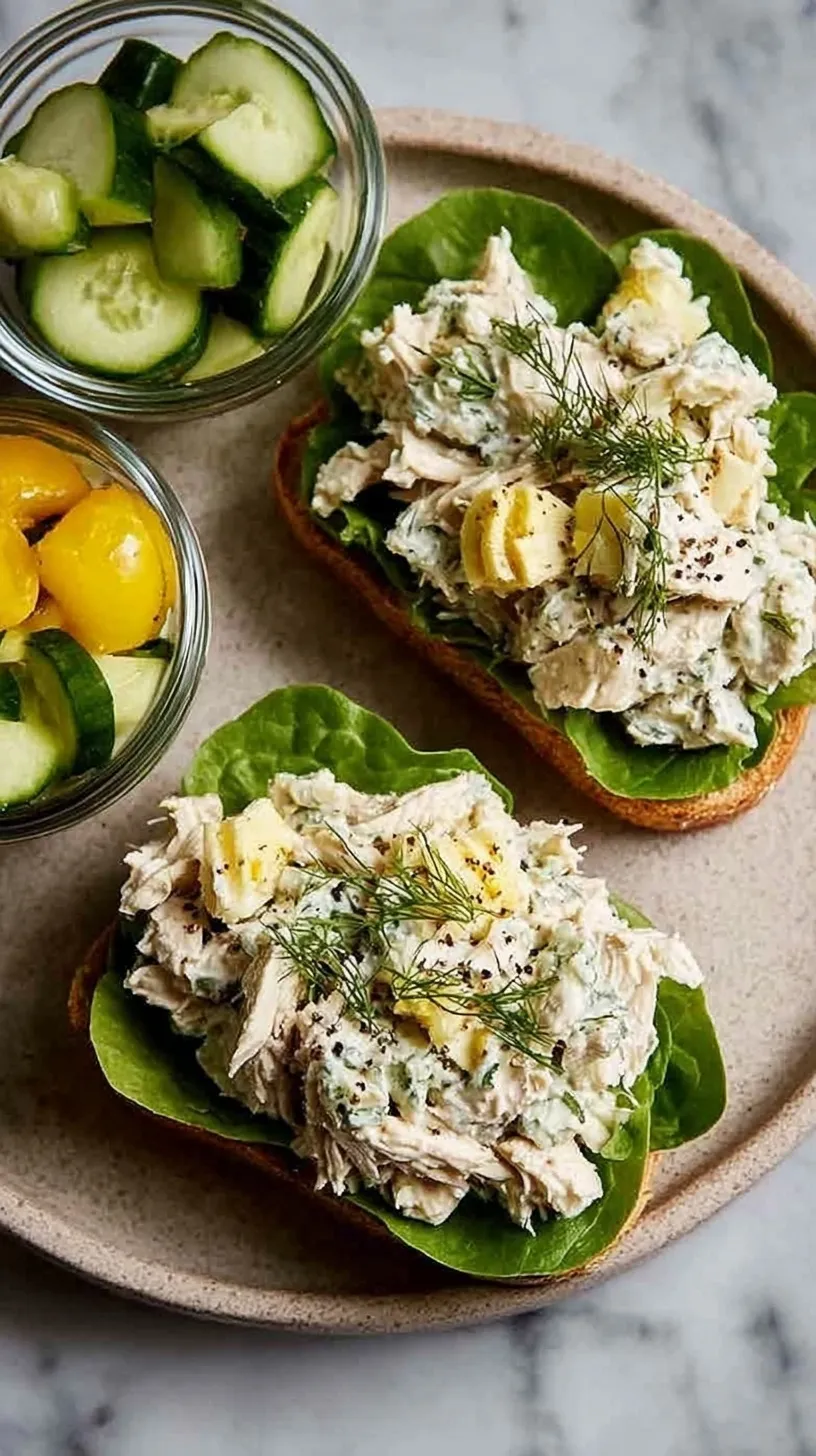 Four glass meal prep containers filled with creamy high protein chicken salad and fresh dill.
