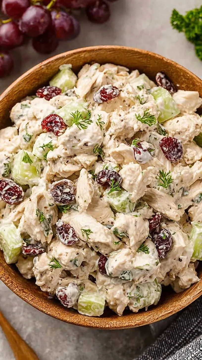 A bright bowl of creamy chicken salad with fresh dill and celery on a light wooden table.
