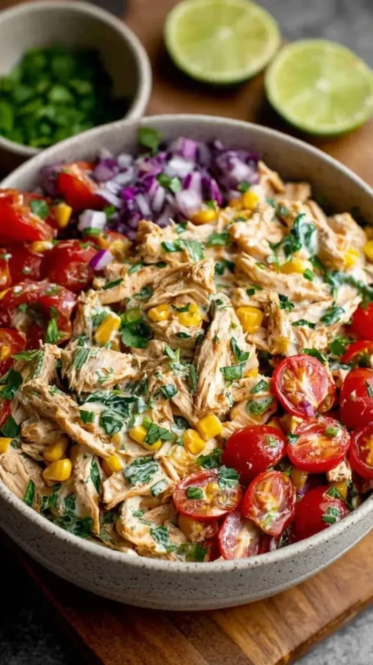 A fresh bowl of high protein chicken salad served over a bed of mixed baby greens with chopped parsley on top.