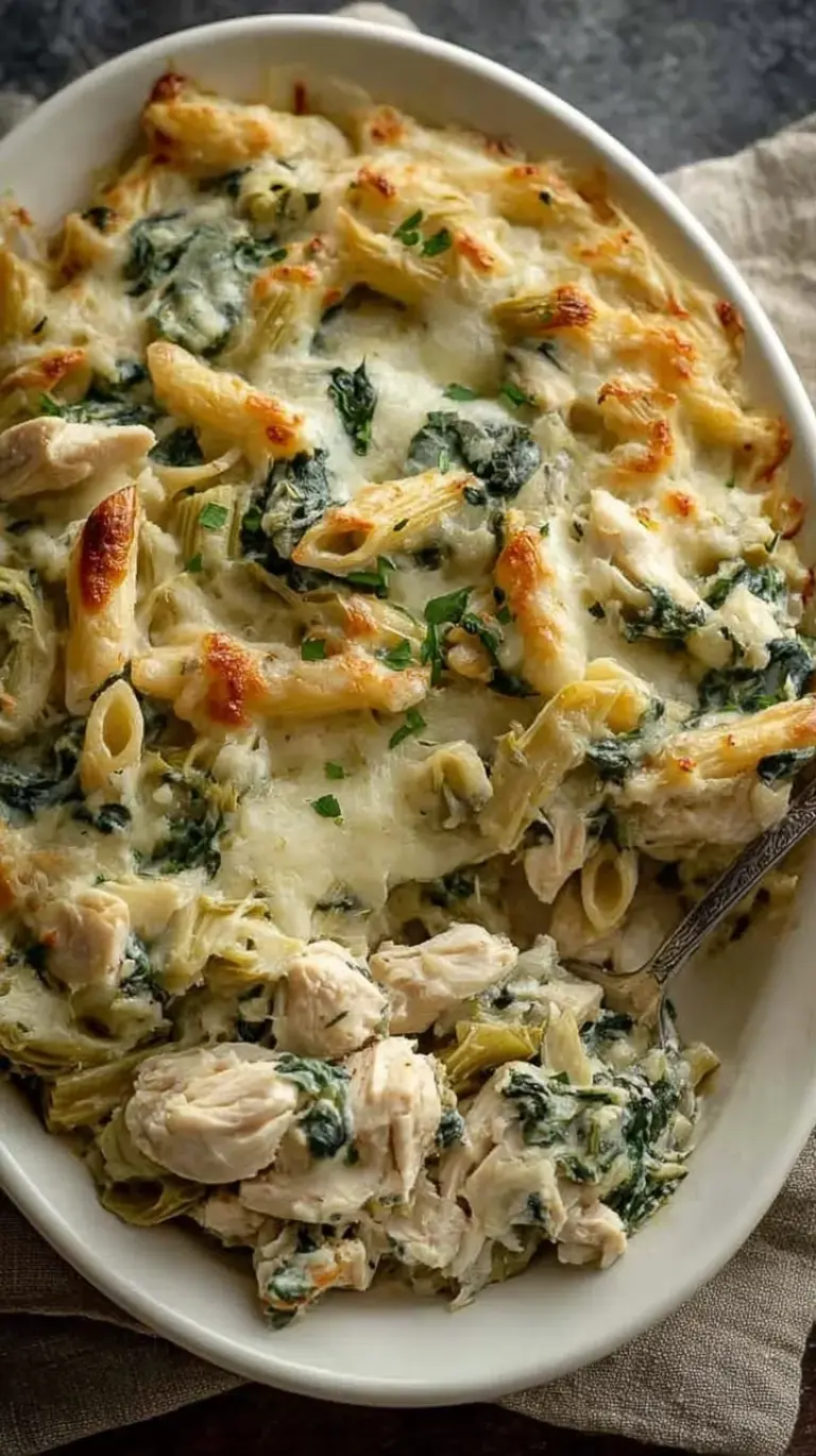 A golden, bubbly spinach artichoke chicken pasta bake in a white ceramic dish.