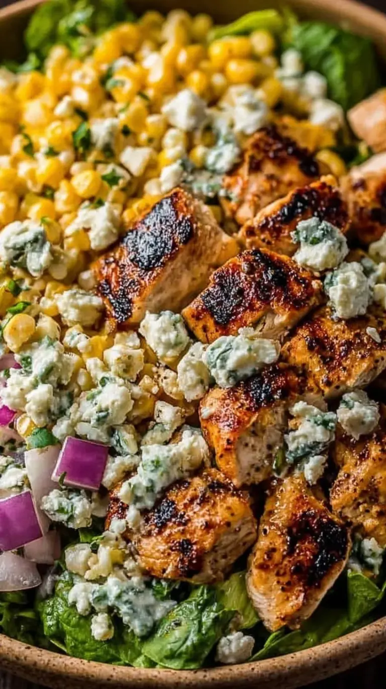 A vibrant bowl of chicken street corn salad with charred corn, cotija cheese, and fresh cilantro.