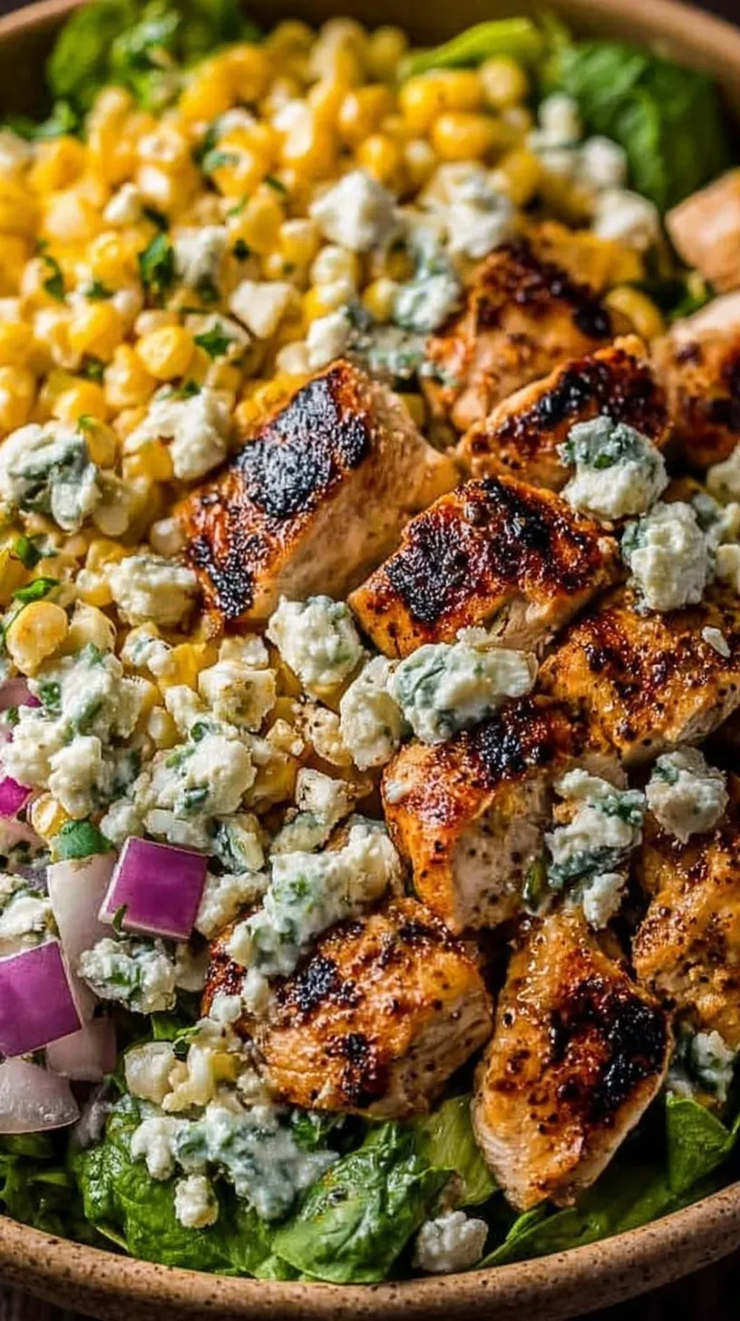 A vibrant bowl of chicken street corn salad with charred corn, cotija cheese, and fresh cilantro.