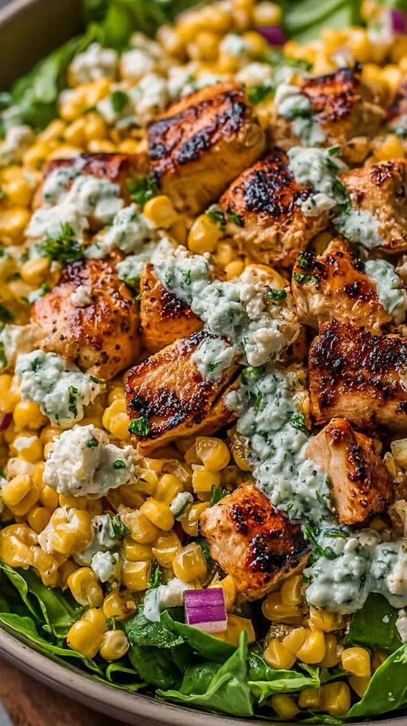 A bowl of high protein chicken street corn salad with grilled chicken, charred corn, and cotija cheese