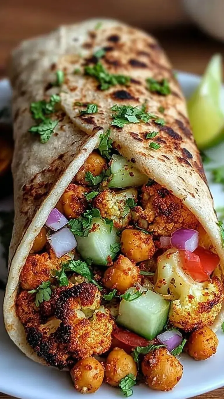 A fresh chili lime chickpea wrap with roasted cauliflower and purple cabbage