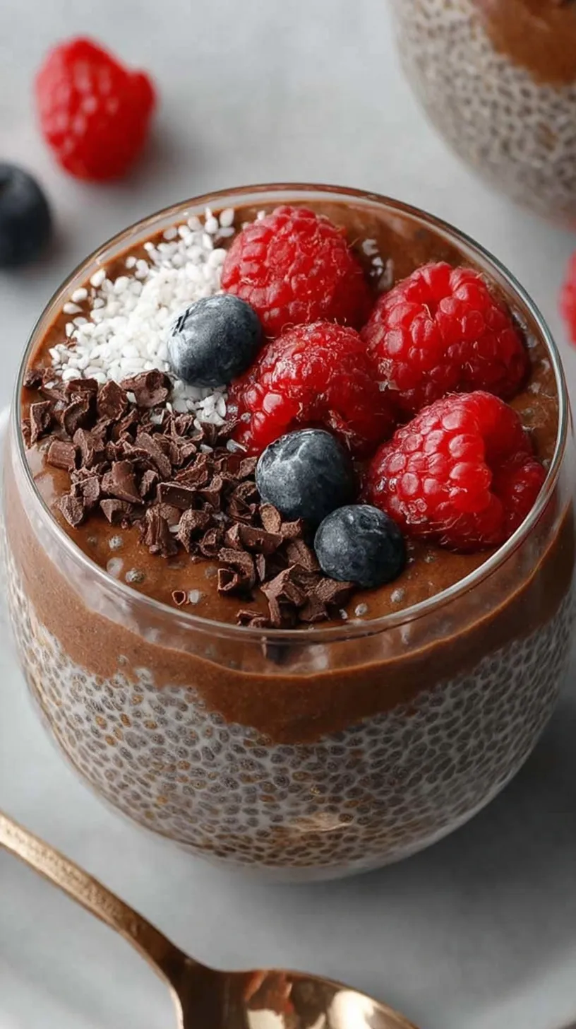 A glass jar filled with creamy chocolate chia pudding topped with fresh raspberries and a sprig of mint.