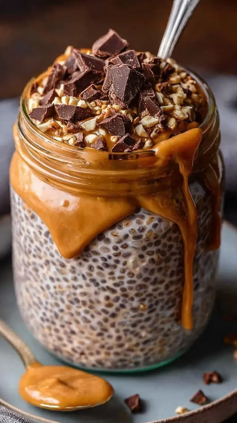 A glass jar filled with creamy chocolate peanut butter overnight oats topped with a dollop of yogurt.