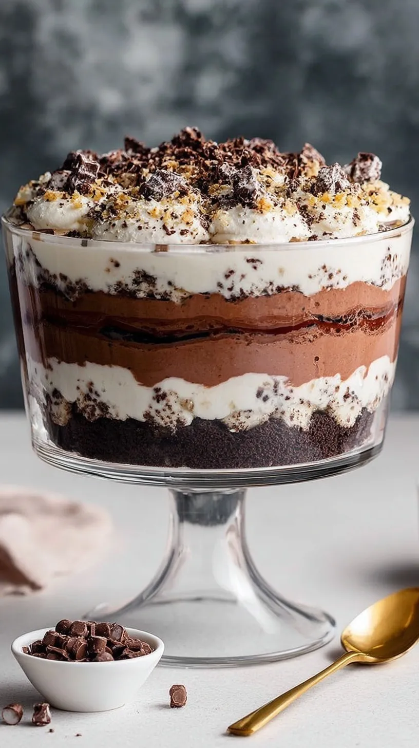 Layered chocolate protein trifle in glass jars with whipped topping and chocolate chips