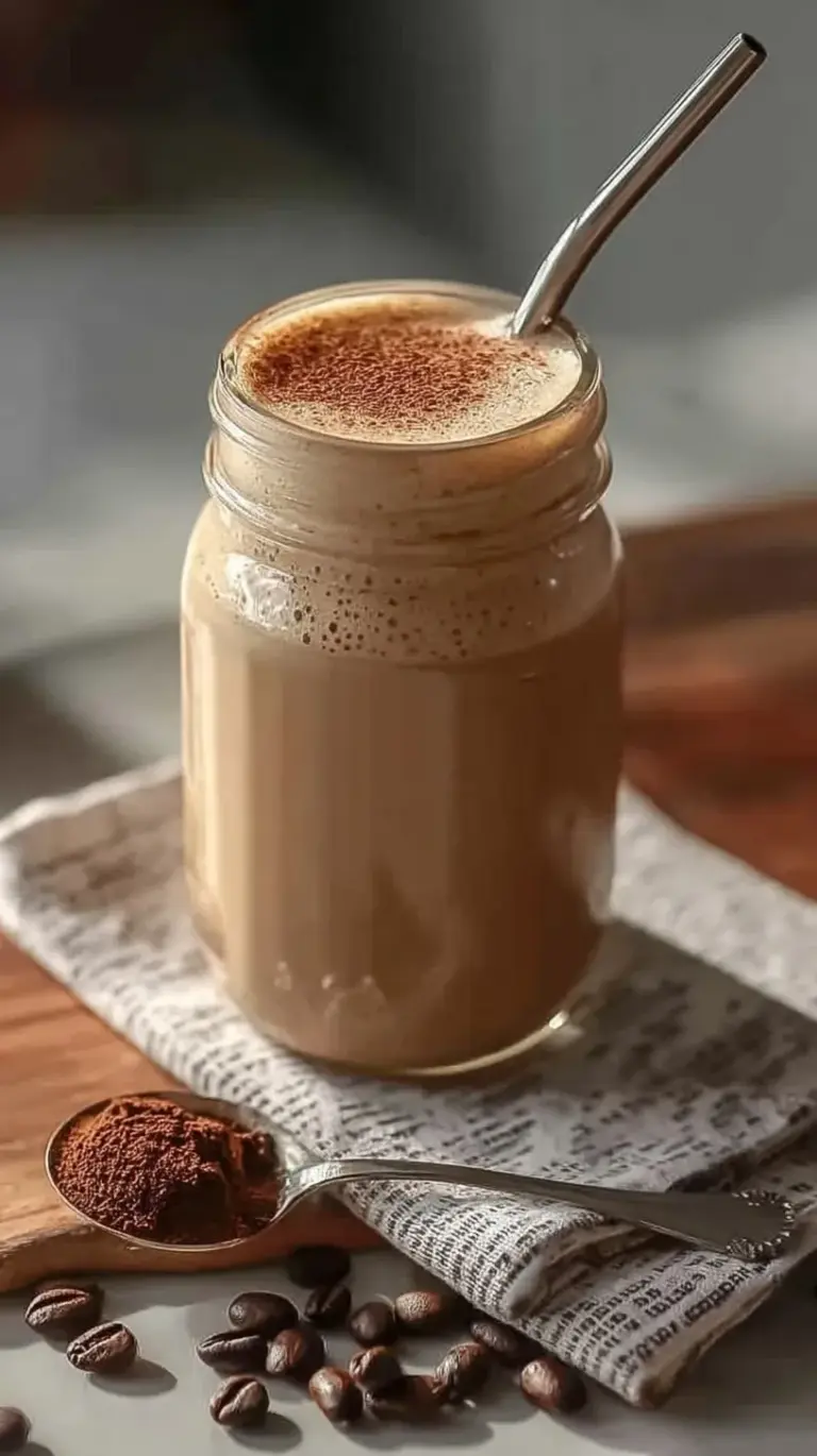 A creamy high protein coffee smoothie in a tall glass with a straw