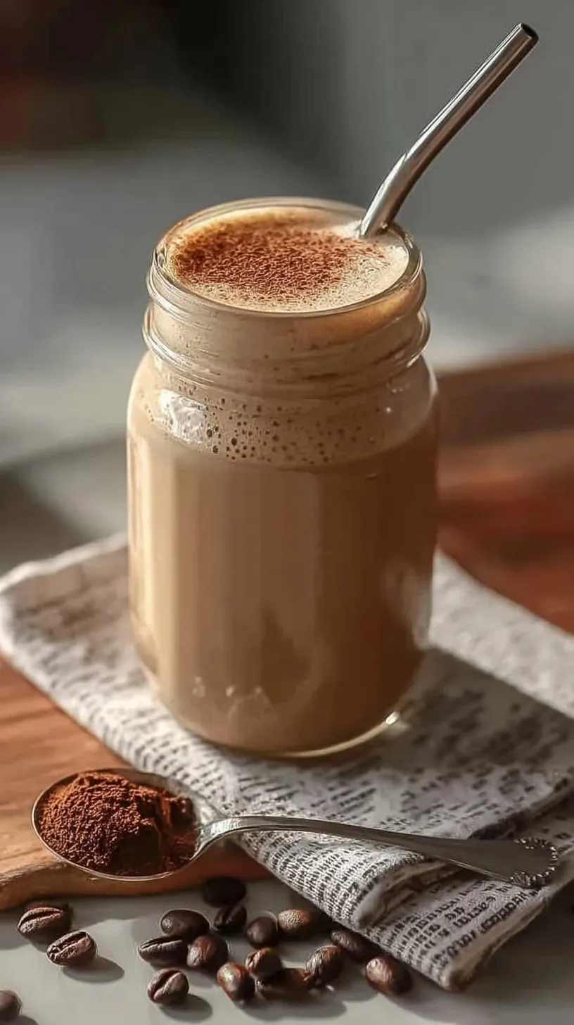 A creamy high protein coffee smoothie in a tall glass with a straw
