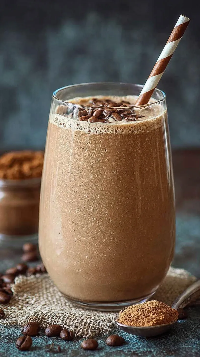 A creamy high protein coffee smoothie in a tall glass with a sprinkle of cinnamon