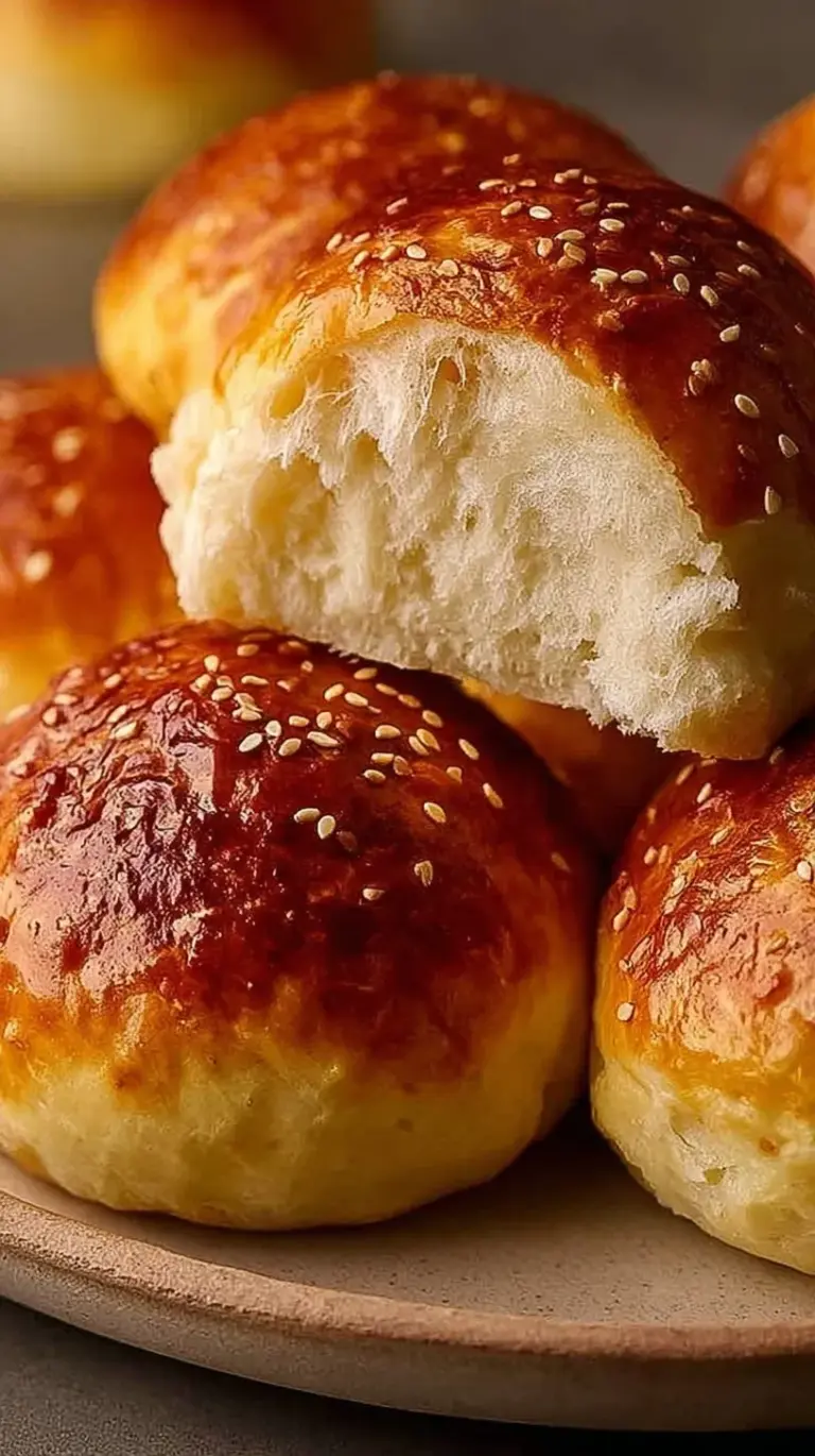 Four golden brown cottage cheese burger buns topped with sesame seeds on a baking sheet.
