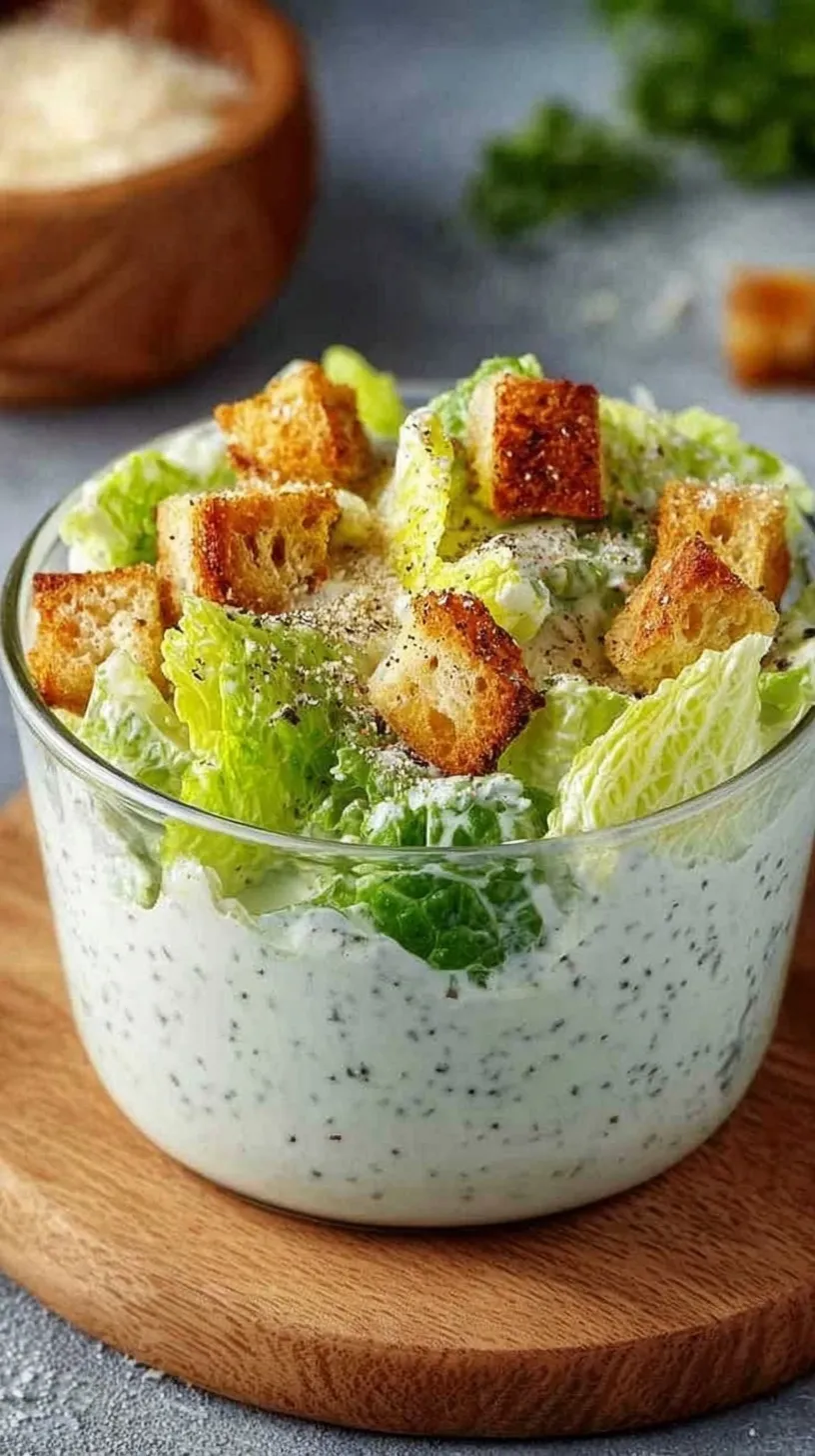 A glass jar filled with creamy cottage cheese caesar dressing next to fresh romaine lettuce