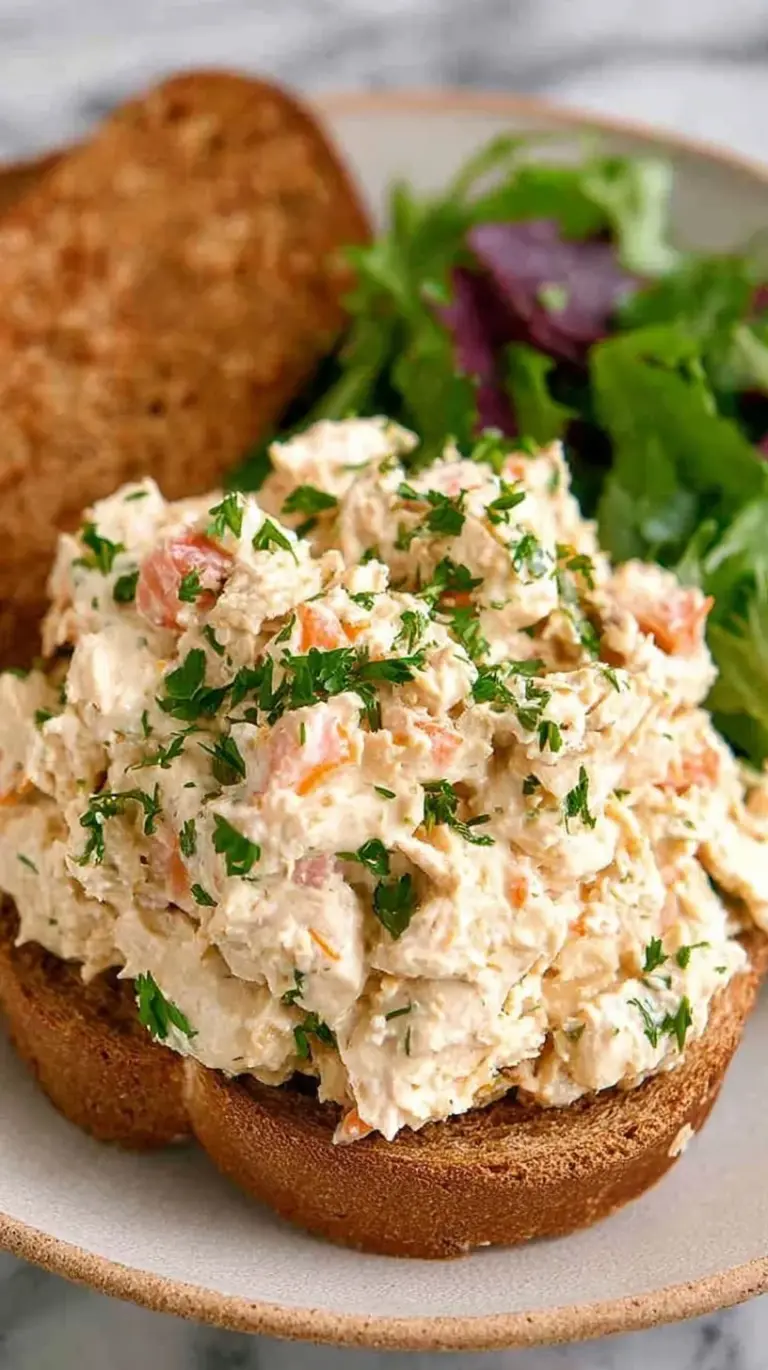 A bowl of creamy chicken salad with fresh chives and celery on a bright kitchen counter.