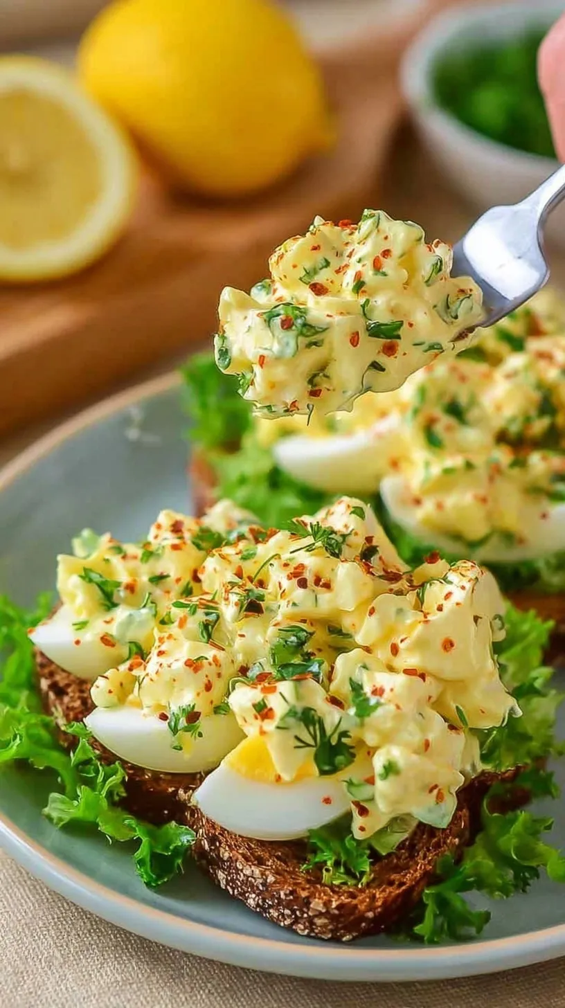 A bowl of creamy egg salad made with cottage cheese, garnished with fresh chives and smoked paprika.
