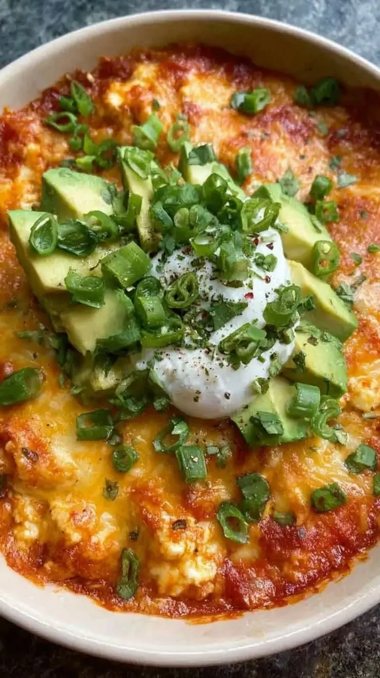 A vibrant bowl filled with shredded chicken, black beans, corn, and a creamy orange enchilada sauce topped with fresh cilantro.