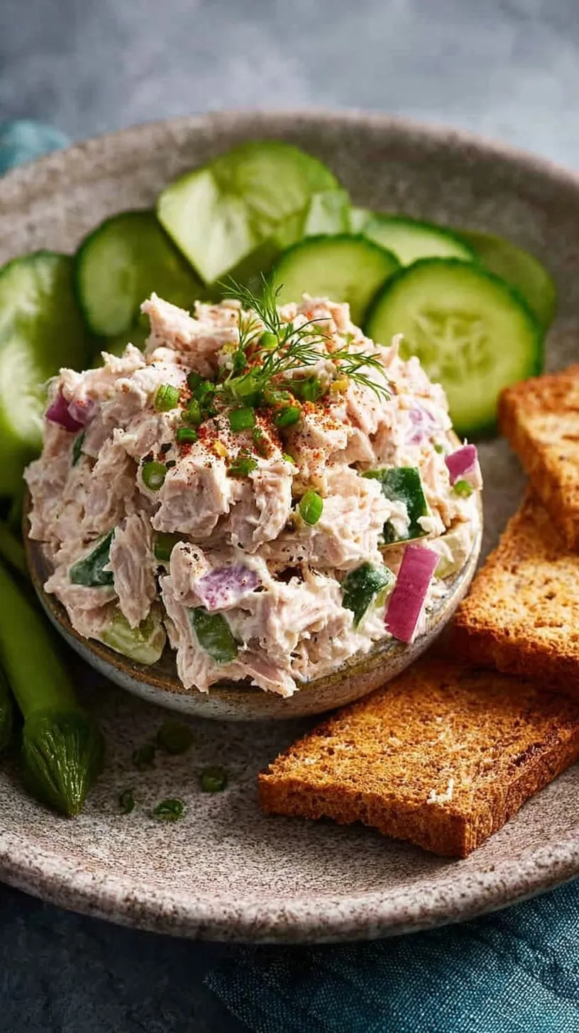 A bowl of fresh tuna salad made with cottage cheese, red onion, and fresh dill.