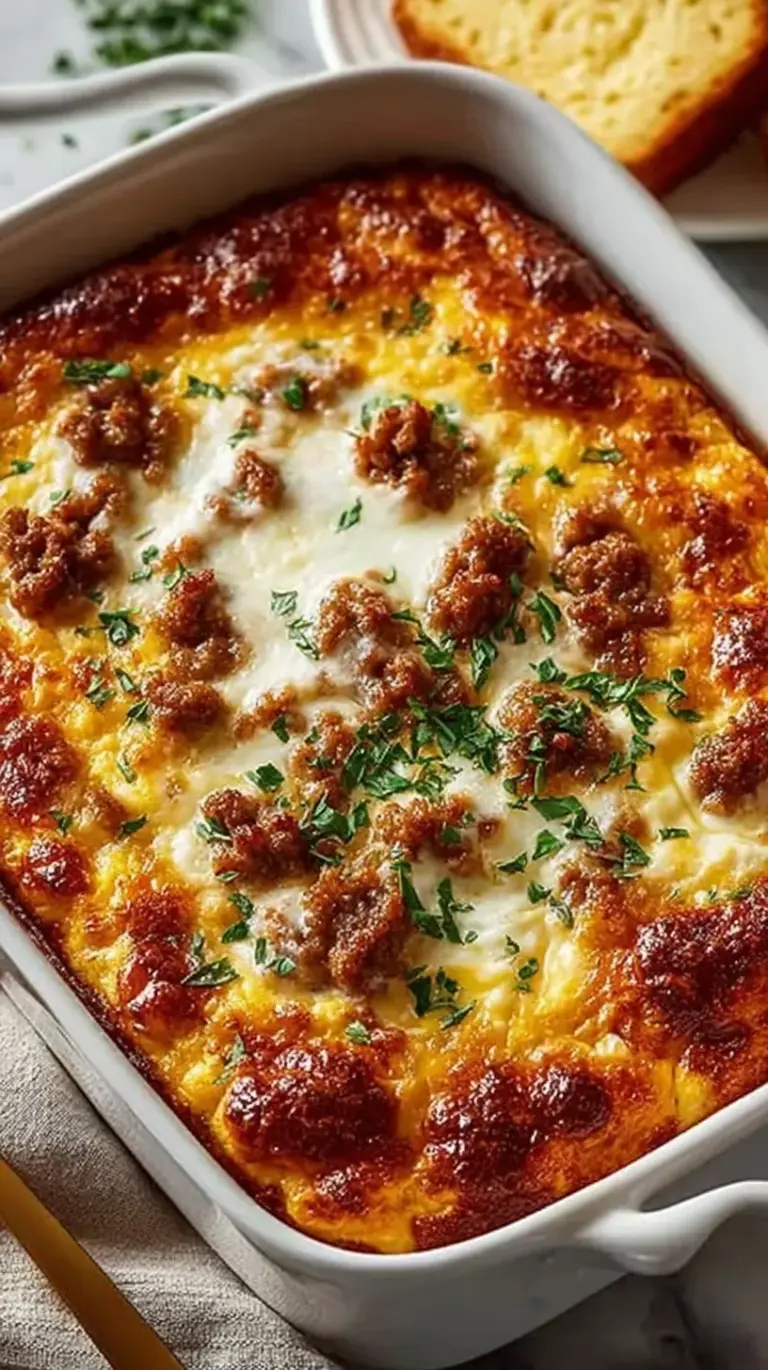 A golden brown breakfast casserole in a white baking dish with turkey sausage and spinach.