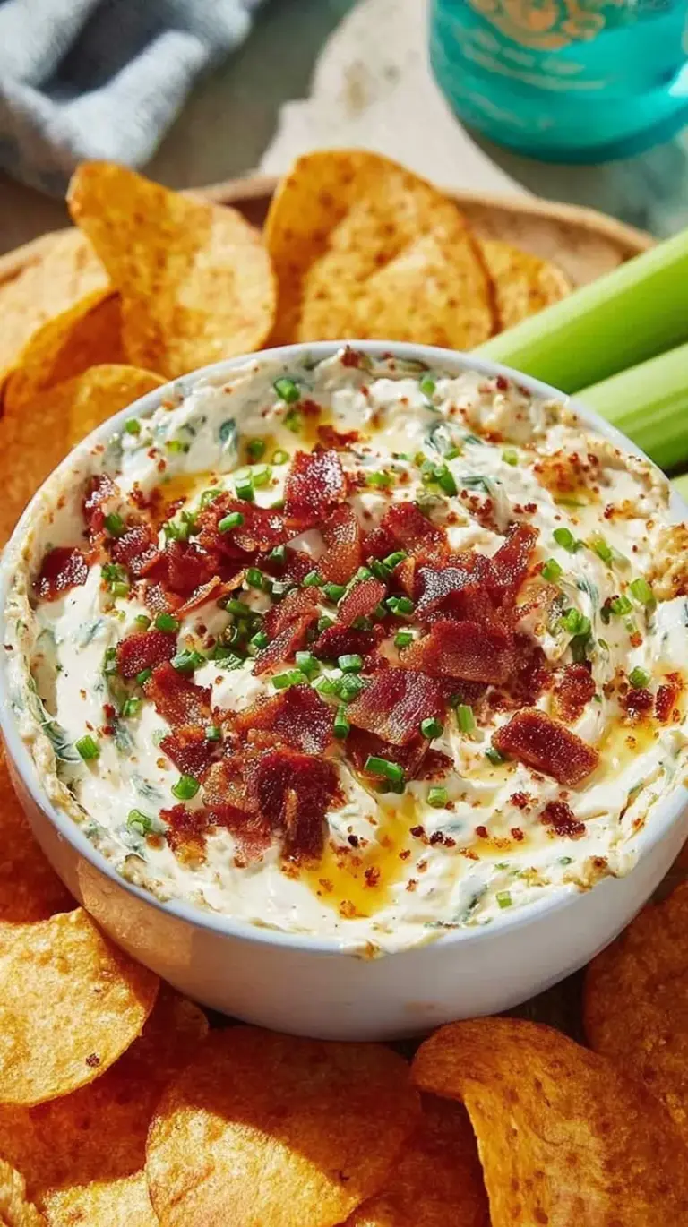 A bowl of creamy high protein crack dip topped with green onions and bacon bits