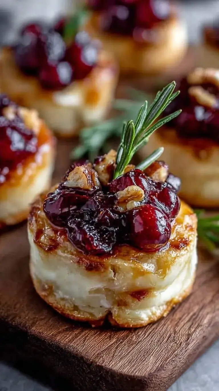 Golden brown cranberry brie bites topped with fresh rosemary on a serving platter