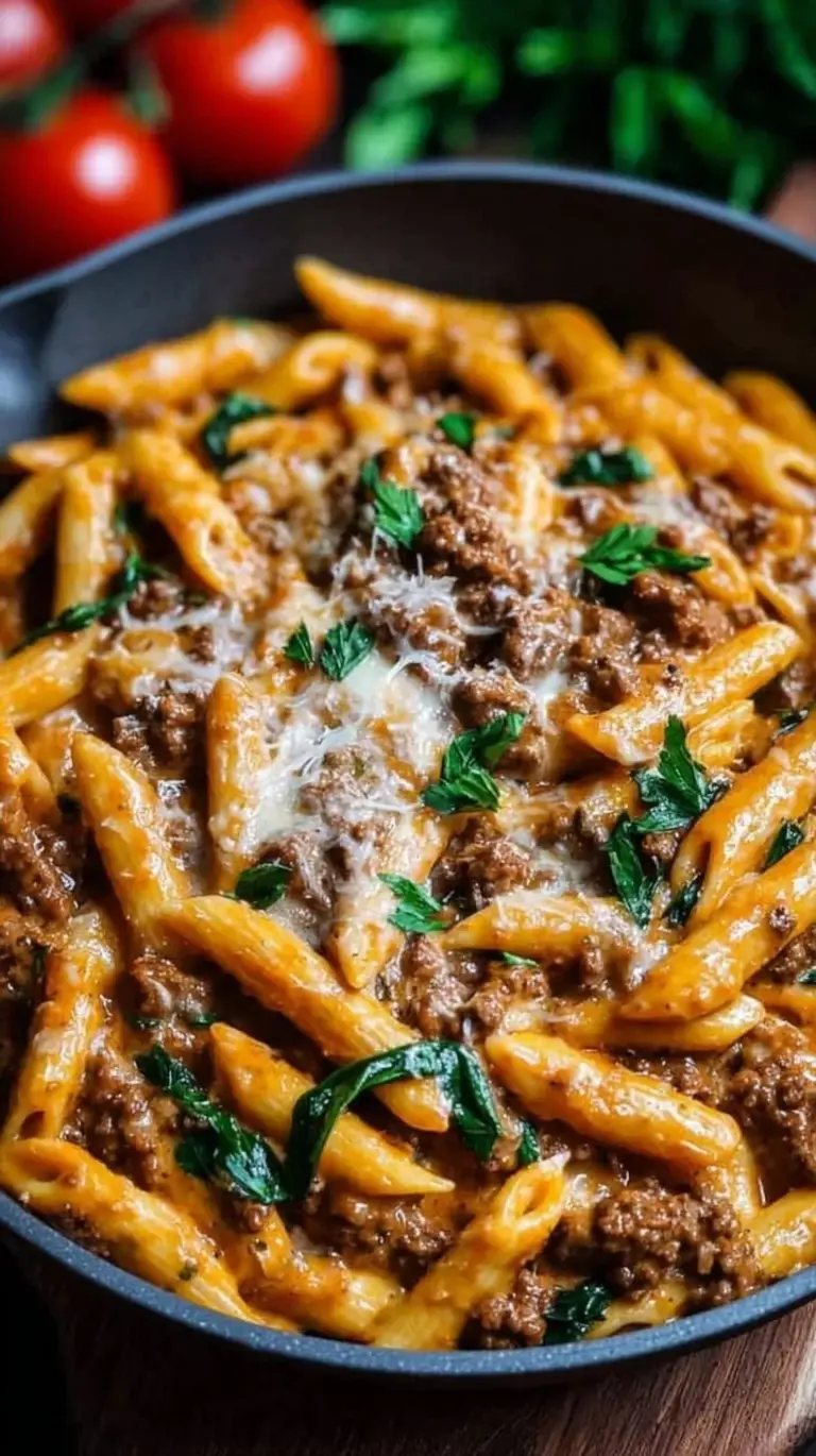 A bowl of creamy beef pasta with spinach and chickpea penne